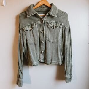 Bagatelle Olive Green Waffle Knit Button Down Shirt Cotton Top L